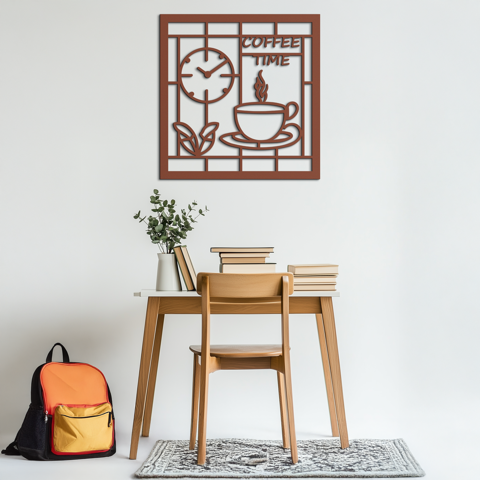 Coffee Time Metal Wall Art – Coffee Cup and Clock Design for Kitchen and Cafe Decor- KAF360