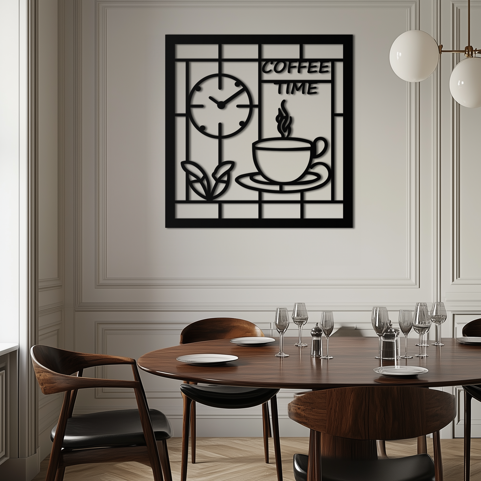 Coffee Time Metal Wall Art – Coffee Cup and Clock Design for Kitchen and Cafe Decor- KAF360