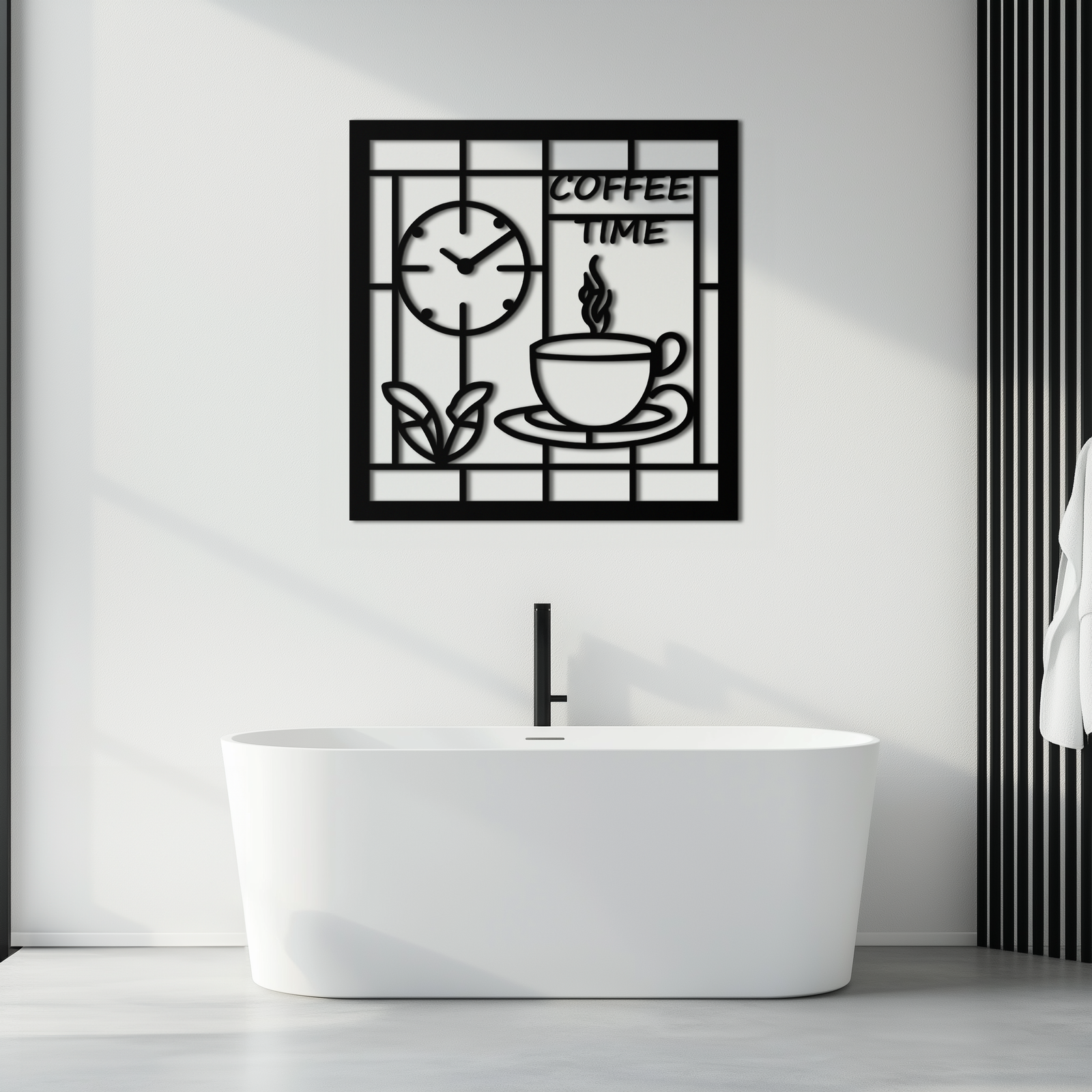 Coffee Time Metal Wall Art – Coffee Cup and Clock Design for Kitchen and Cafe Decor- KAF360