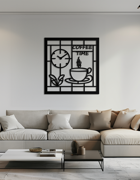 Coffee Time Metal Duvar Sanatı – Mutfak ve Kafe Dekoru için Kahve Kupası ve Saat Tasarımı - KAF360