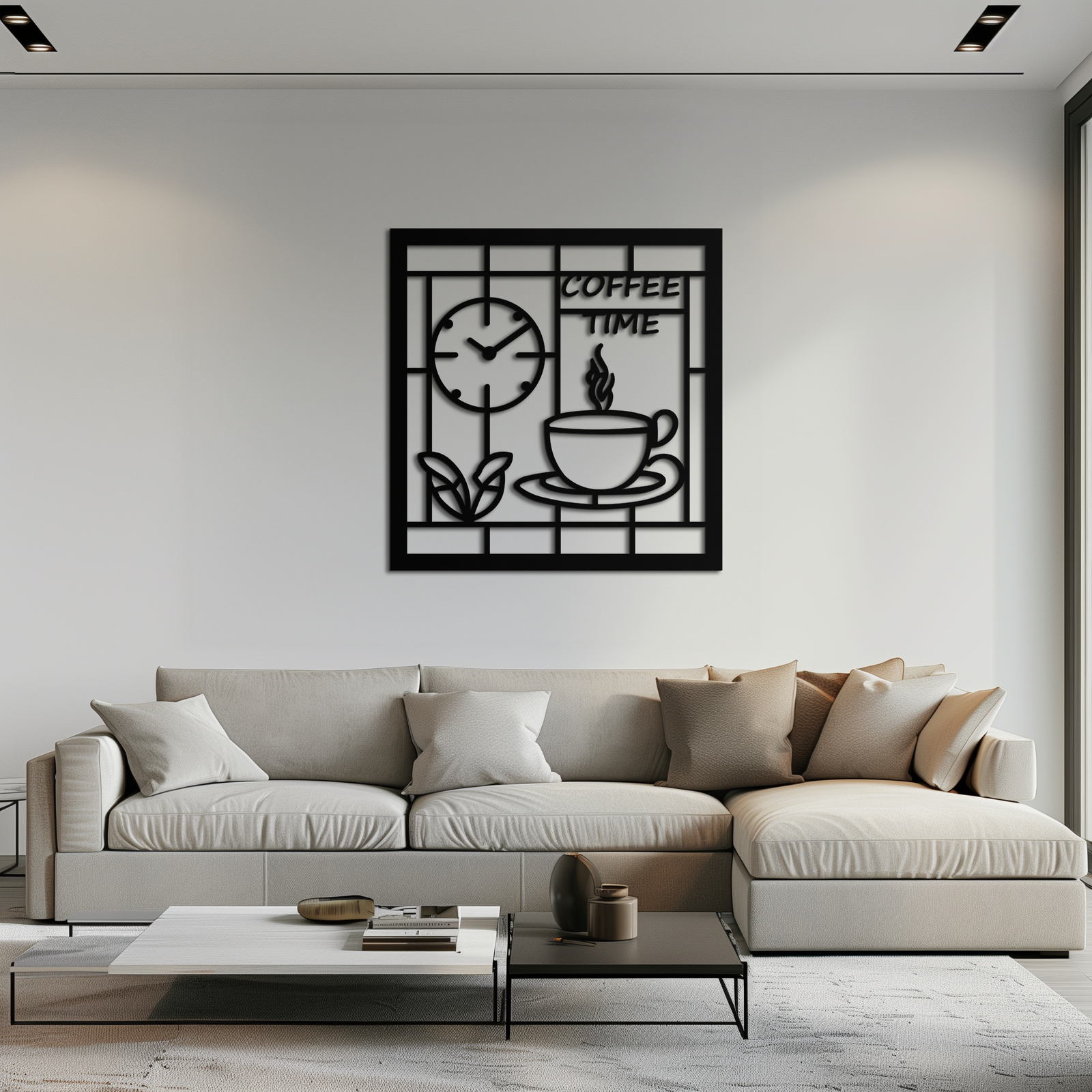 Coffee Time Metal Wall Art – Coffee Cup and Clock Design for Kitchen and Cafe Decor- KAF360