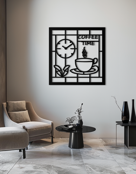 Coffee Time Metal Duvar Sanatı – Mutfak ve Kafe Dekoru için Kahve Kupası ve Saat Tasarımı - KAF360