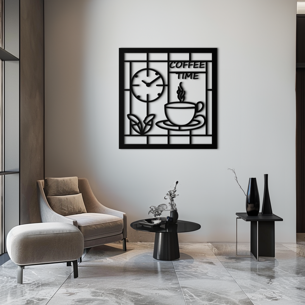 Coffee Time Metal Wall Art – Coffee Cup and Clock Design for Kitchen and Cafe Decor- KAF360