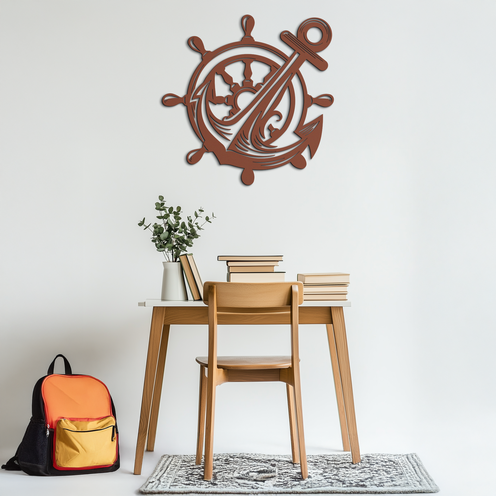 Anchor and Ship Wheel Metal Wall Art – Nautical Steel Decor for Sea Lovers- KAF368