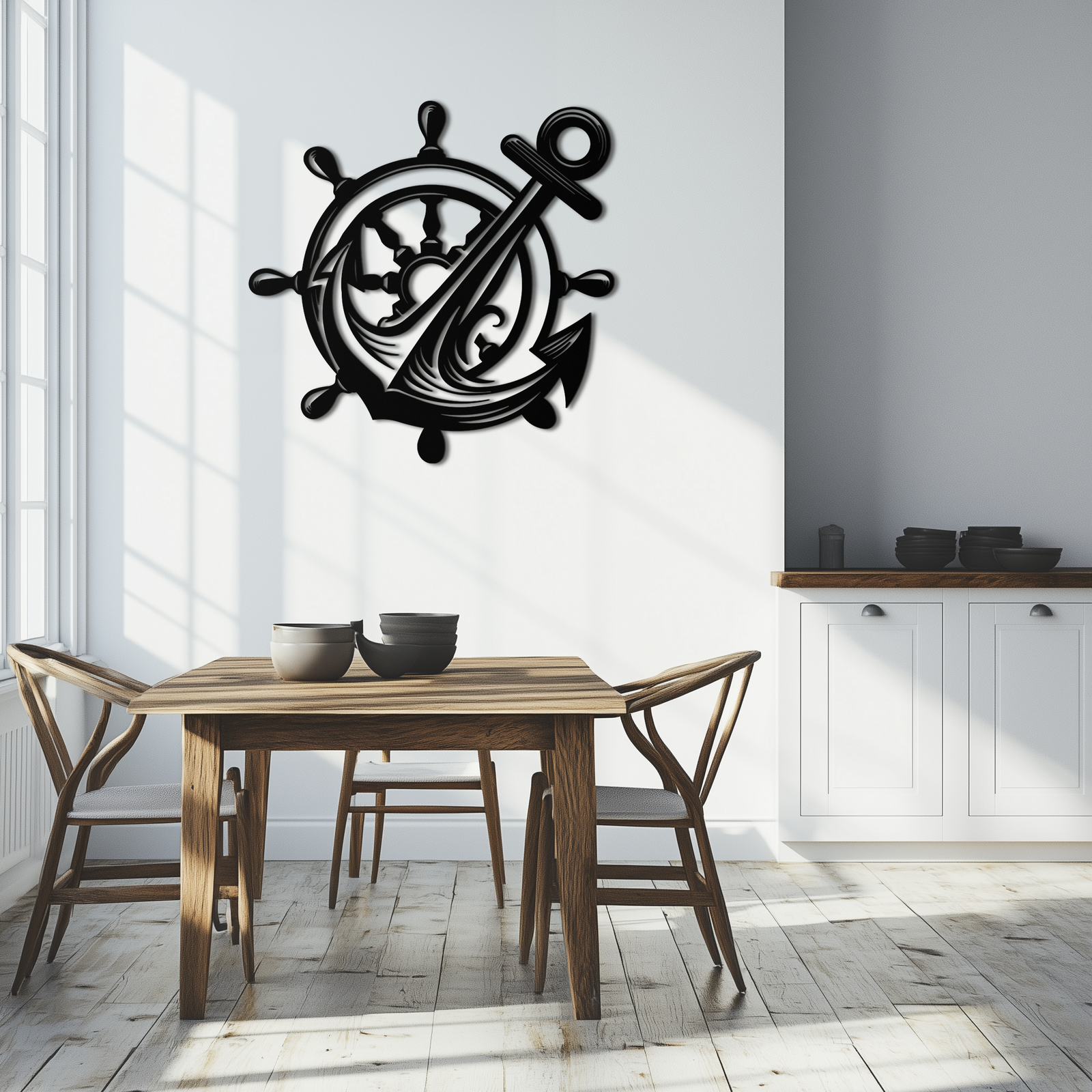 Anchor and Ship Wheel Metal Wall Art – Nautical Steel Decor for Sea Lovers- KAF368