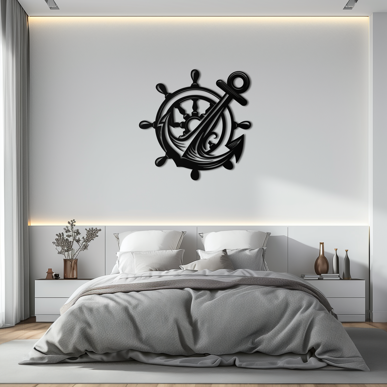 Anchor and Ship Wheel Metal Wall Art – Nautical Steel Decor for Sea Lovers- KAF368