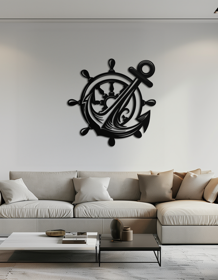 Anchor and Ship Wheel Metal Wall Art – Nautical Steel Decor for Sea Lovers- KAF368