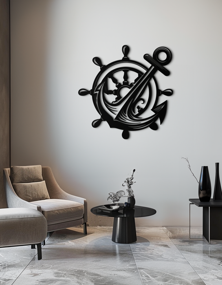 Anchor and Ship Wheel Metal Wall Art – Nautical Steel Decor for Sea Lovers- KAF368