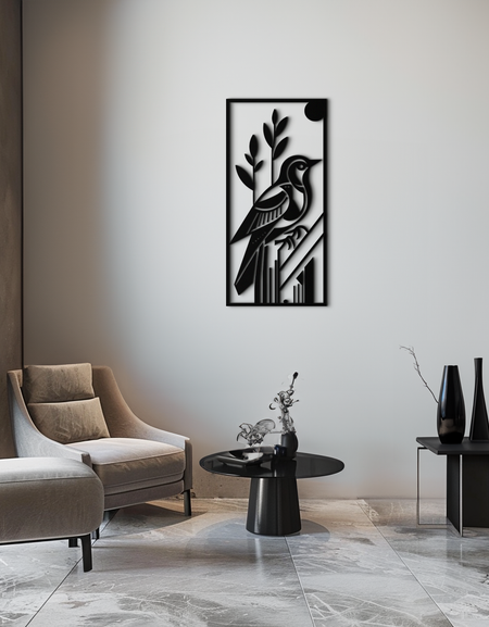 Kuş ve Doğa Panel Metal Duvar Sanatı – Minimalist Dikey Çelik Dekor- KAF369