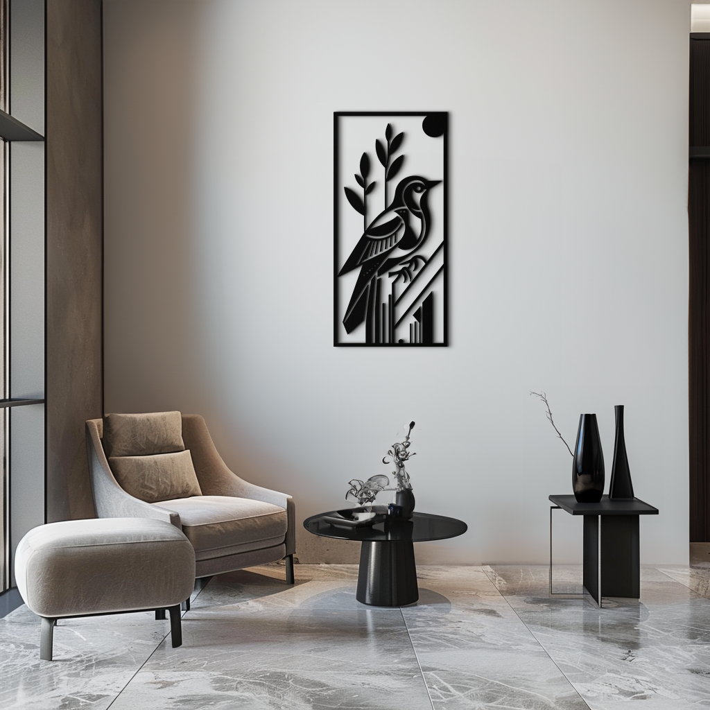 Bird & Nature Panel Metal Wall Art – Minimalist Vertical Steel Decor- KAF369