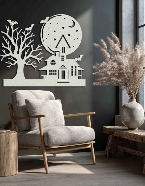 Load image into Gallery viewer, Haunted House and Bat Halloween Metal Wall Art – Spooky Full Moon Scene in Matte Black- KAF370
