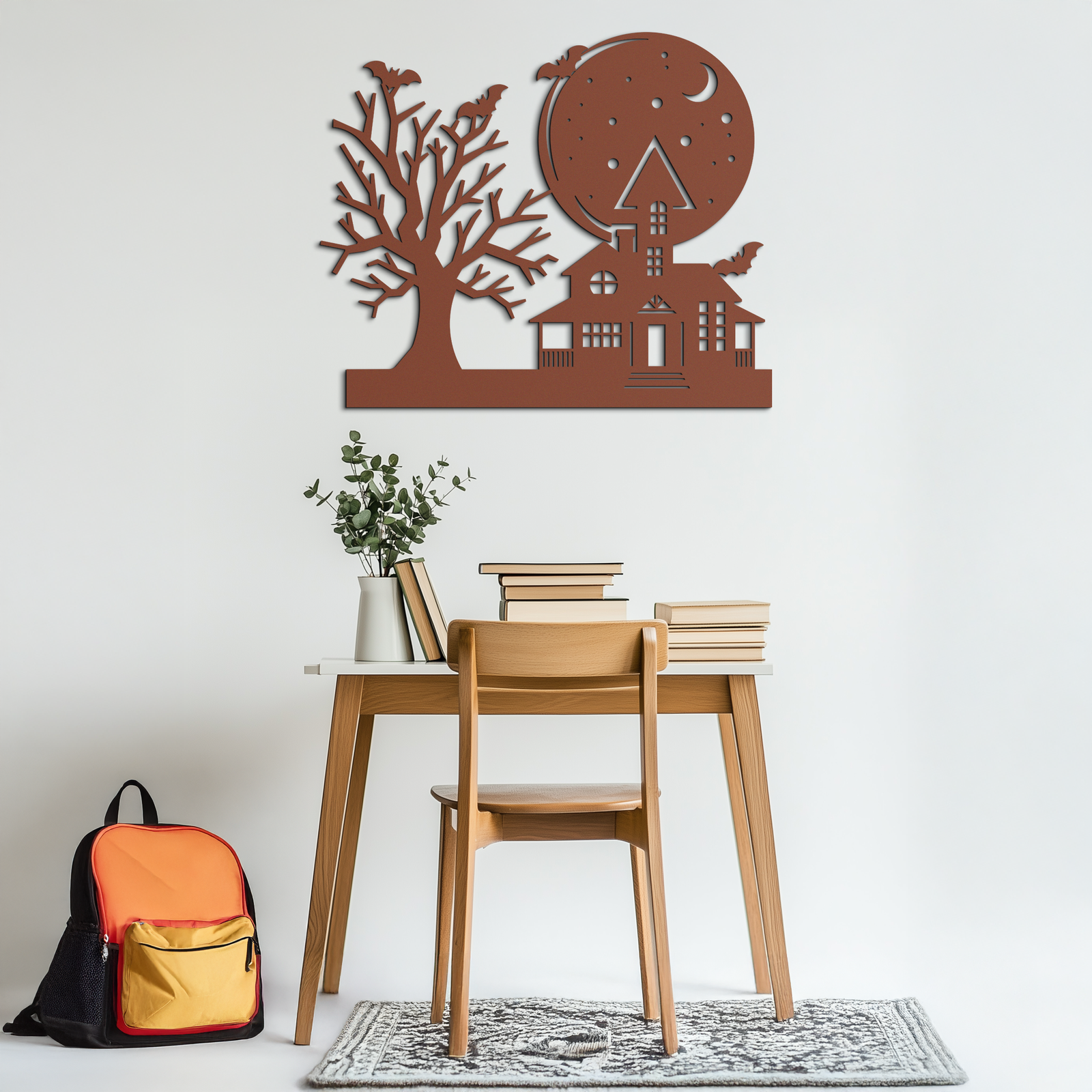 Haunted House and Bat Halloween Metal Wall Art – Spooky Full Moon Scene in Matte Black- KAF370