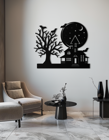 Perili Ev ve Yarasa Cadılar Bayramı Metal Duvar Sanatı – Mat Siyahta Ürkütücü Dolunay Sahnesi - KAF370