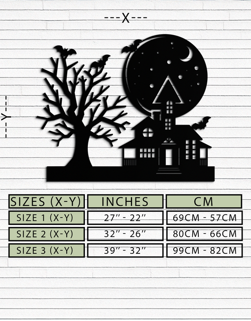 Load image into Gallery viewer, Haunted House and Bat Halloween Metal Wall Art – Spooky Full Moon Scene in Matte Black- KAF370
