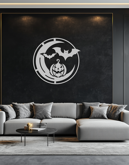Load image into Gallery viewer, Halloween Bat Pumpkin Metal Wall Art – Spooky Jack-O&#39;-Lantern Steel Decor- KAF371
