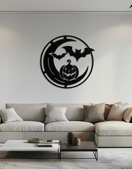 Cadılar Bayramı Yarasa Balkabağı Metal Duvar Sanatı – Ürkütücü Jack-O'-Lantern Çelik Dekor- KAF371