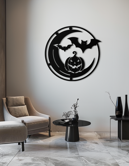 Cadılar Bayramı Yarasa Balkabağı Metal Duvar Sanatı – Ürkütücü Jack-O'-Lantern Çelik Dekor- KAF371