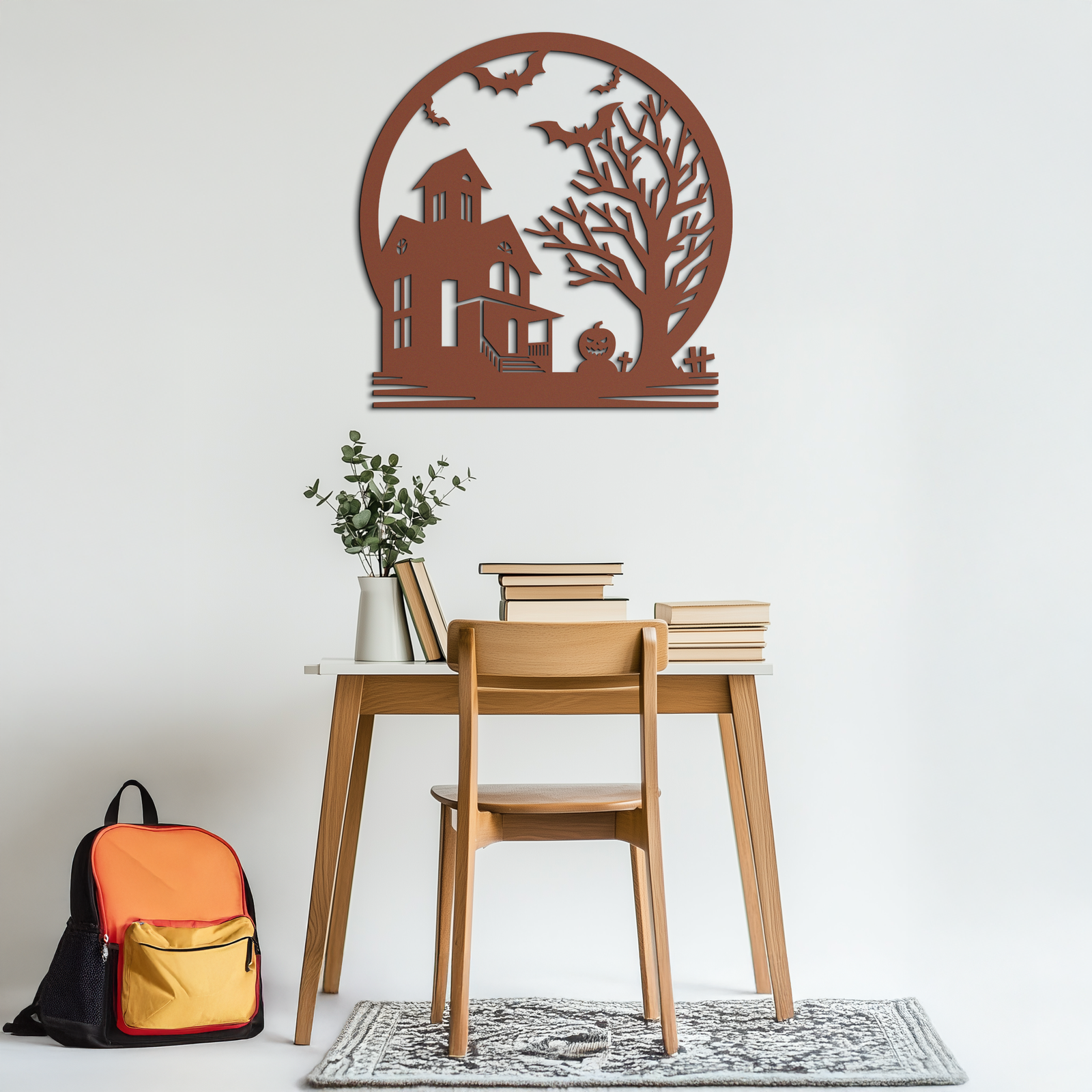 Haunted House & Bat Scene Metal Wall Art – Spooky Halloween Decor- KAF373