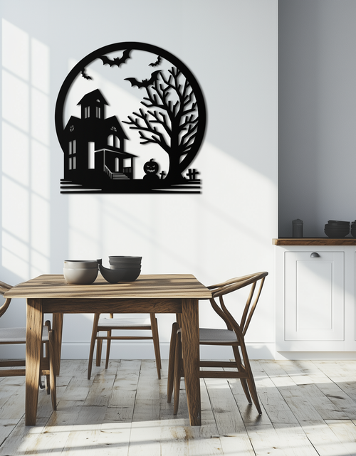 Load image into Gallery viewer, Haunted House &amp; Bat Scene Metal Wall Art – Spooky Halloween Decor- KAF373
