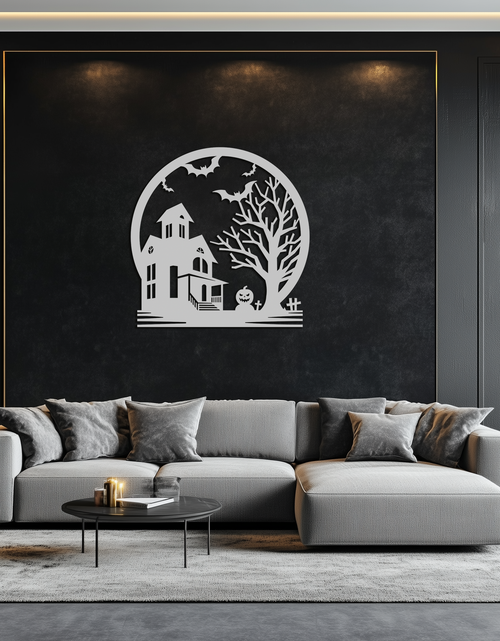 Load image into Gallery viewer, Haunted House &amp; Bat Scene Metal Wall Art – Spooky Halloween Decor- KAF373
