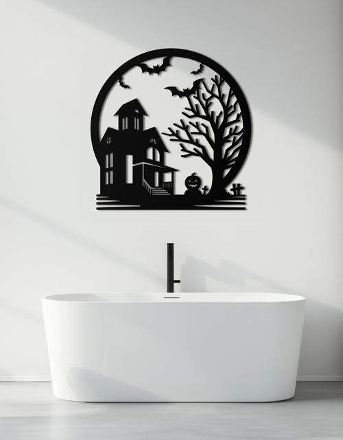 Load image into Gallery viewer, Haunted House &amp; Bat Scene Metal Wall Art – Spooky Halloween Decor- KAF373
