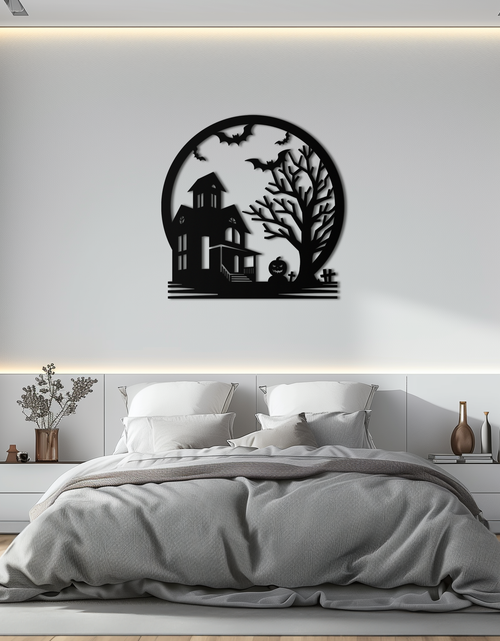 Load image into Gallery viewer, Haunted House &amp; Bat Scene Metal Wall Art – Spooky Halloween Decor- KAF373
