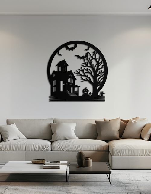 Load image into Gallery viewer, Haunted House &amp; Bat Scene Metal Wall Art – Spooky Halloween Decor- KAF373
