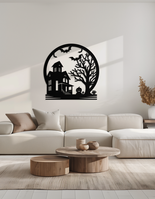 Load image into Gallery viewer, Haunted House &amp; Bat Scene Metal Wall Art – Spooky Halloween Decor- KAF373
