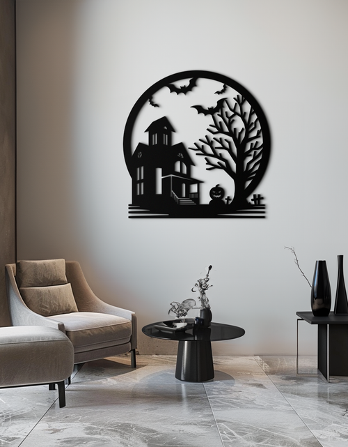 Load image into Gallery viewer, Haunted House &amp; Bat Scene Metal Wall Art – Spooky Halloween Decor- KAF373

