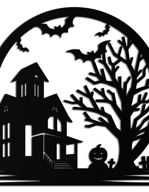 Load image into Gallery viewer, Haunted House &amp; Bat Scene Metal Wall Art – Spooky Halloween Decor- KAF373
