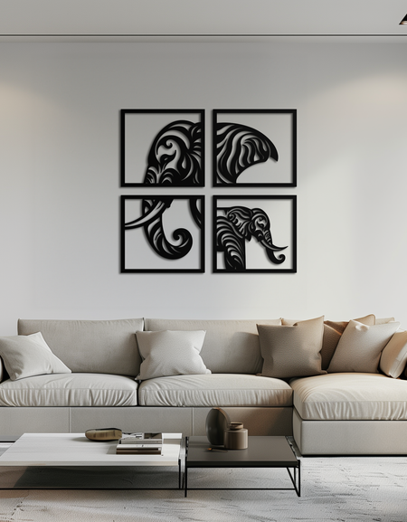 Elephant Silhouette 4-Piece Metal Wall Art – Modern Tribal Design- KAF374