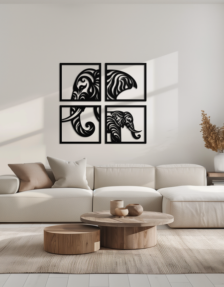 Elephant Silhouette 4-Piece Metal Wall Art – Modern Tribal Design- KAF374