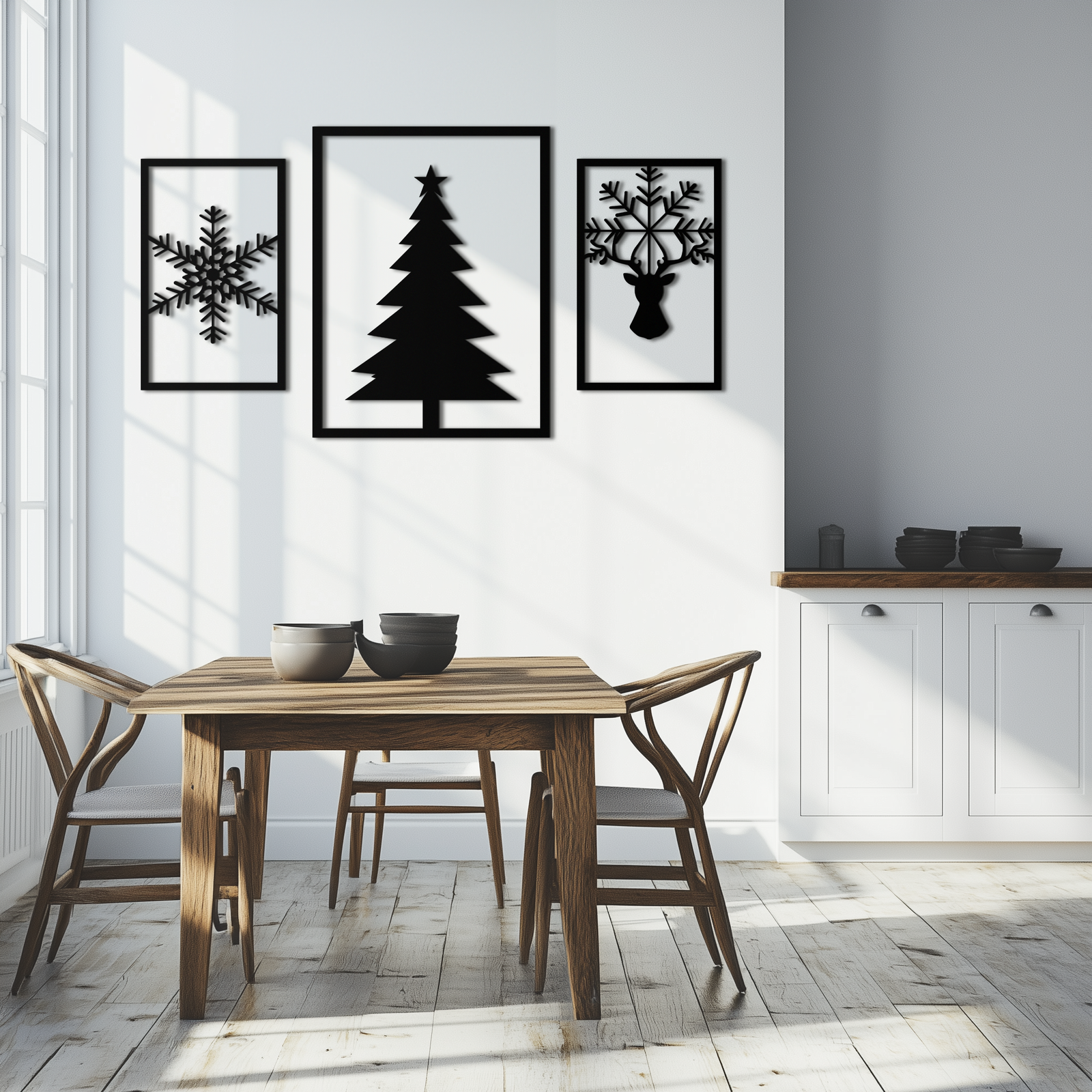Noel Ağacı ve Ren Geyiği Metal Duvar Sanatı Seti – 3 Parça Modern Tatil Dekoru- KAF377
