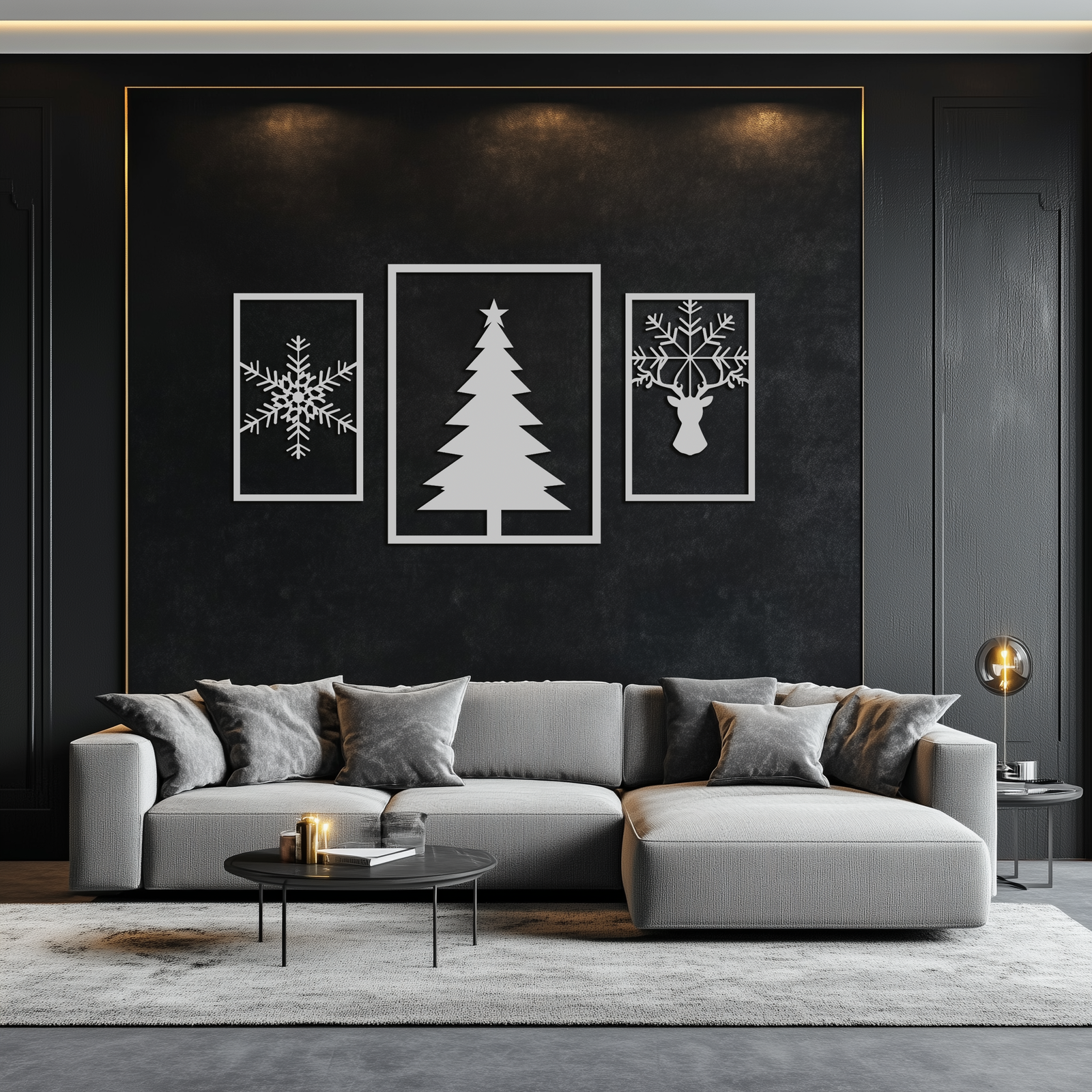 Noel Ağacı ve Ren Geyiği Metal Duvar Sanatı Seti – 3 Parça Modern Tatil Dekoru- KAF377