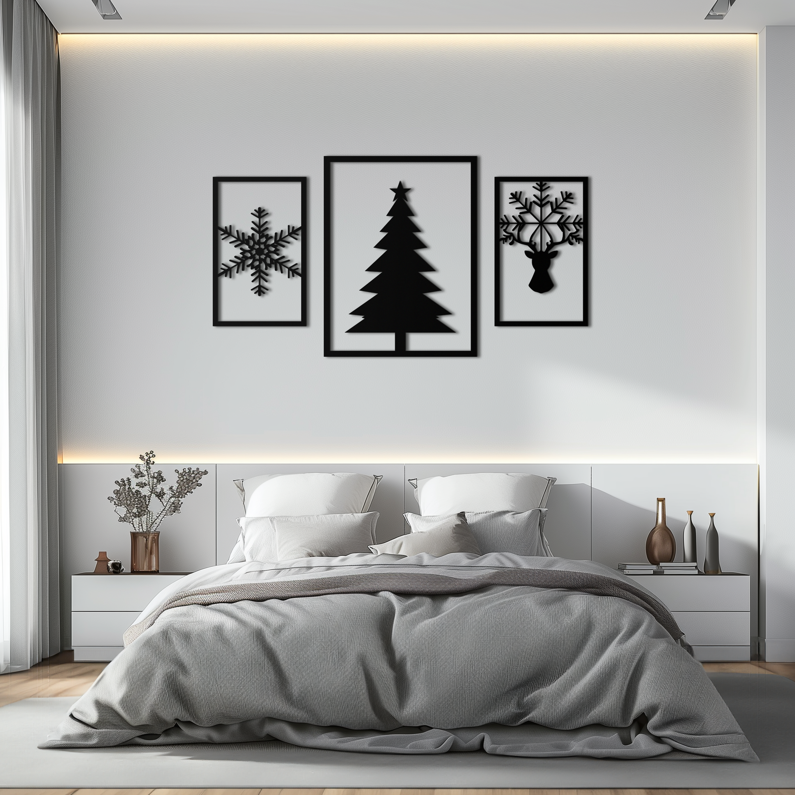 Noel Ağacı ve Ren Geyiği Metal Duvar Sanatı Seti – 3 Parça Modern Tatil Dekoru- KAF377