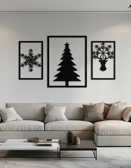 Noel Ağacı ve Ren Geyiği Metal Duvar Sanatı Seti – 3 Parça Modern Tatil Dekoru- KAF377