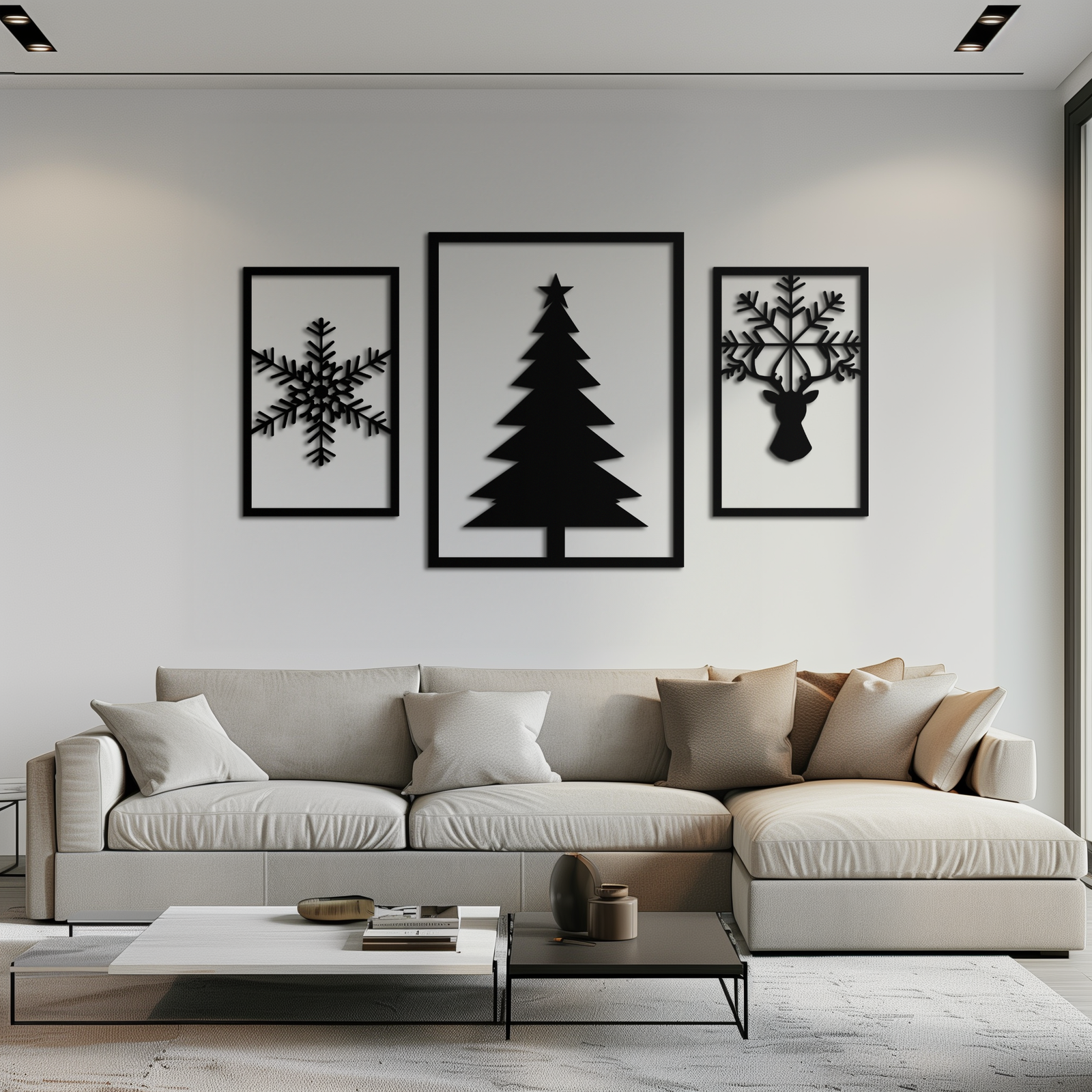 Noel Ağacı ve Ren Geyiği Metal Duvar Sanatı Seti – 3 Parça Modern Tatil Dekoru- KAF377