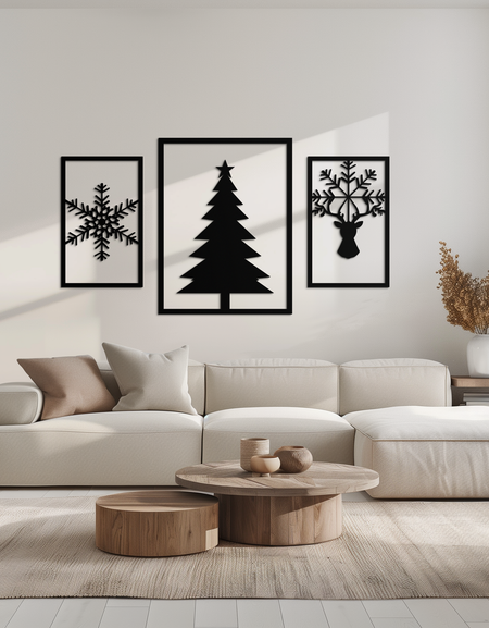 Noel Ağacı ve Ren Geyiği Metal Duvar Sanatı Seti – 3 Parça Modern Tatil Dekoru- KAF377