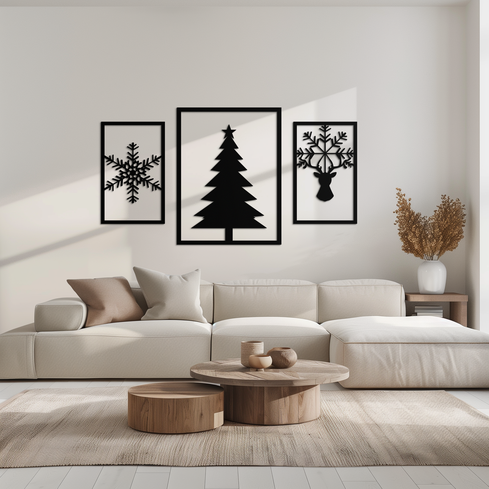 Noel Ağacı ve Ren Geyiği Metal Duvar Sanatı Seti – 3 Parça Modern Tatil Dekoru- KAF377
