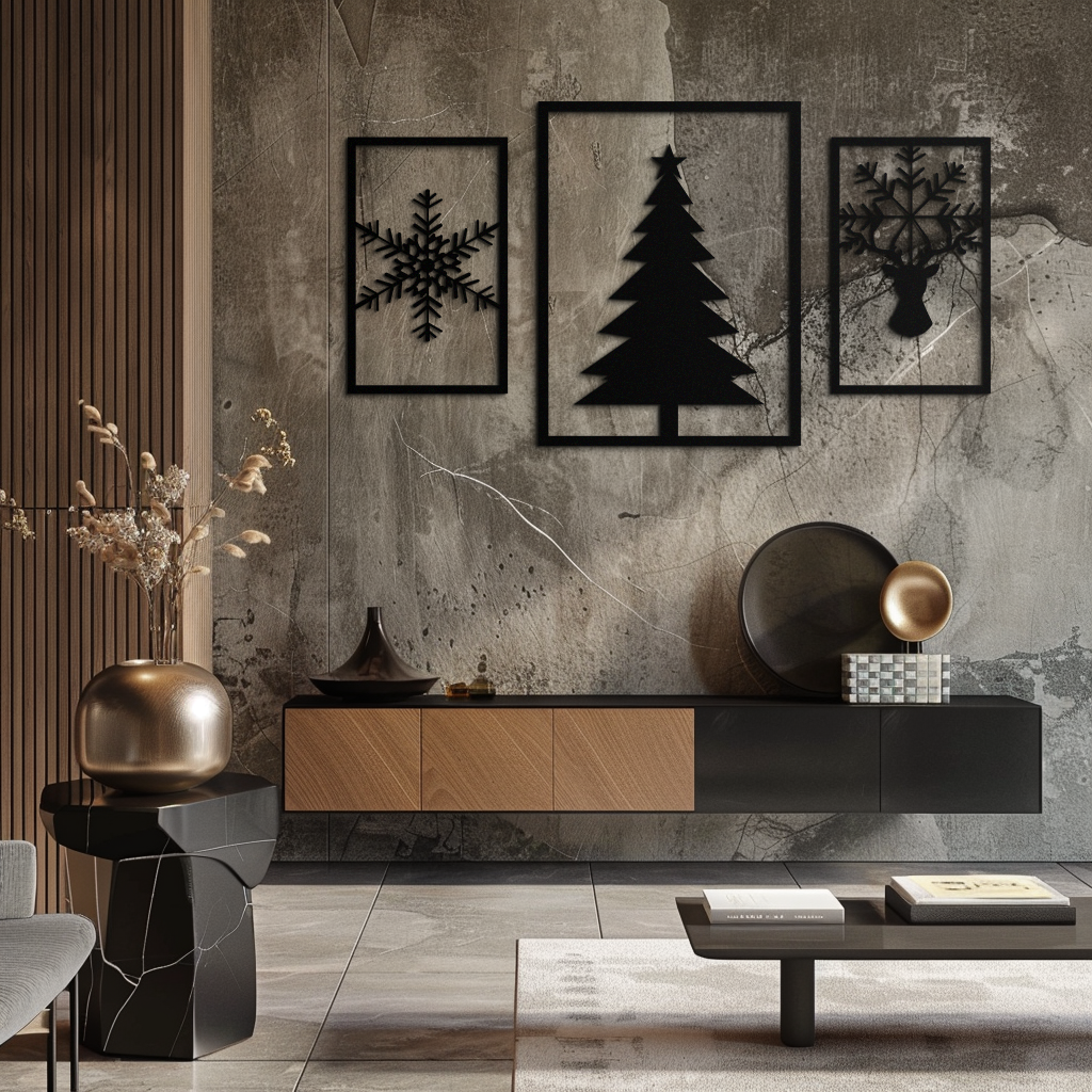 Noel Ağacı ve Ren Geyiği Metal Duvar Sanatı Seti – 3 Parça Modern Tatil Dekoru- KAF377
