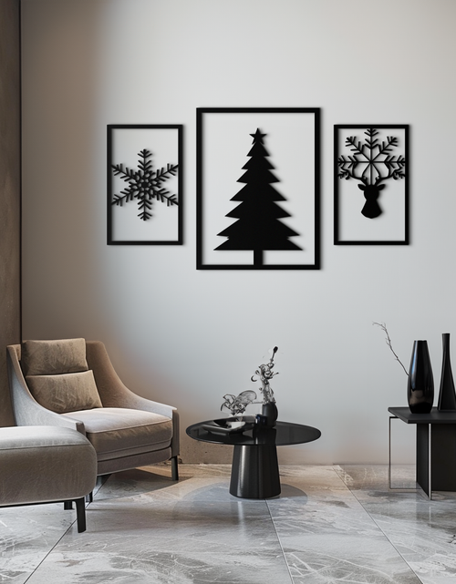 Resmi Galeri görüntüleyicisine yükleyin, Noel Ağacı ve Ren Geyiği Metal Duvar Sanatı Seti – 3 Parça Modern Tatil Dekoru- KAF377
