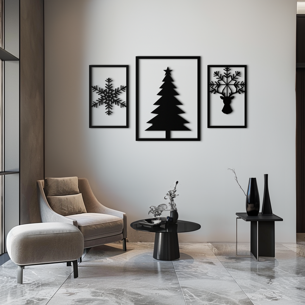 Noel Ağacı ve Ren Geyiği Metal Duvar Sanatı Seti – 3 Parça Modern Tatil Dekoru- KAF377