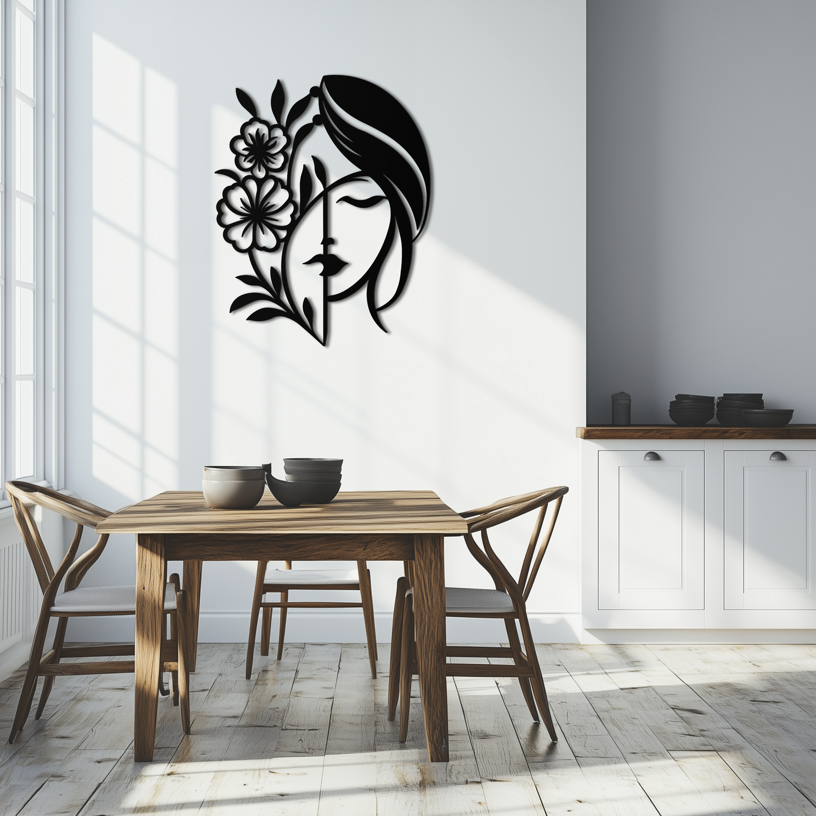 Woman with Flower Metal Wall Art – Elegant Female Silhouette Steel Decor- KAF385