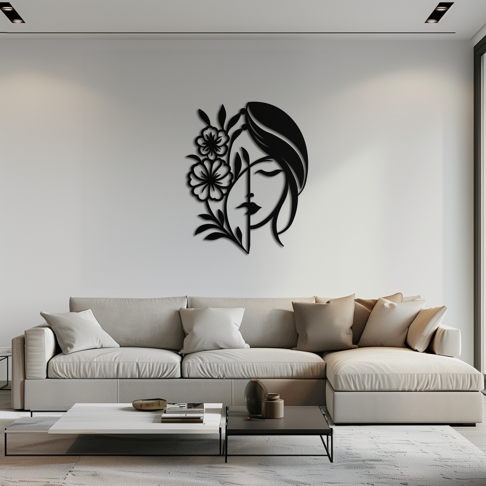 Woman with Flower Metal Wall Art – Elegant Female Silhouette Steel Decor- KAF385