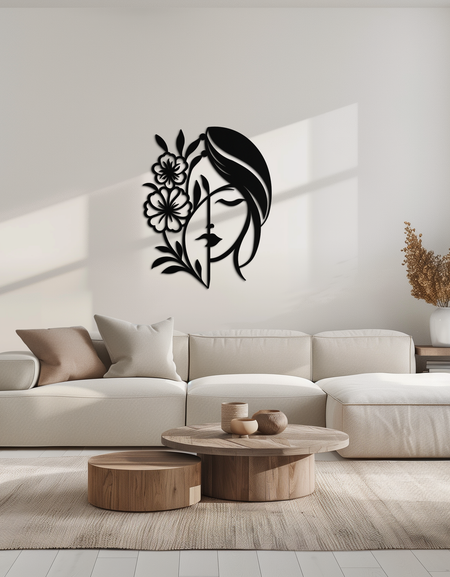 Çiçekli Kadın Metal Duvar Sanatı – Zarif Kadın Silüeti Çelik Dekor- KAF385