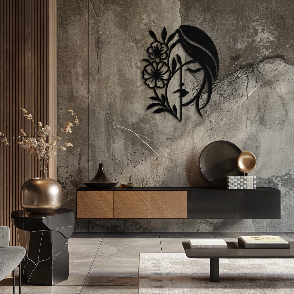 Woman with Flower Metal Wall Art – Elegant Female Silhouette Steel Decor- KAF385