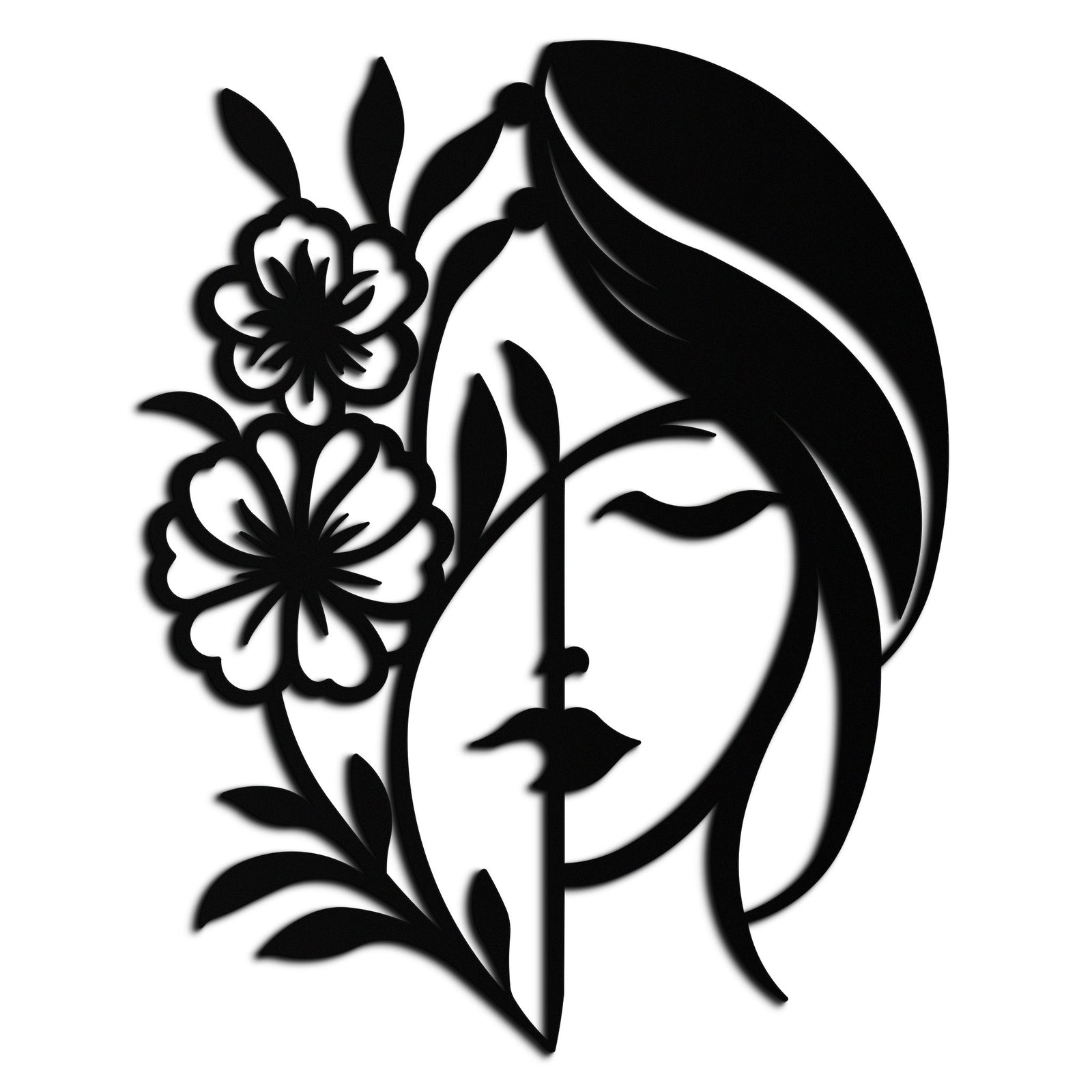 Woman with Flower Metal Wall Art – Elegant Female Silhouette Steel Decor- KAF385