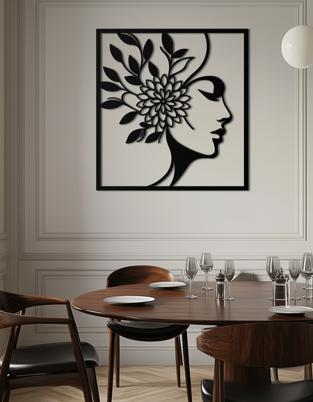 ÇİÇEKLİ KADIN Metal Duvar Sanatı – Modern Siluet Çelik Dekor- KAF387