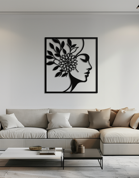 ÇİÇEKLİ KADIN Metal Duvar Sanatı – Modern Siluet Çelik Dekor- KAF387