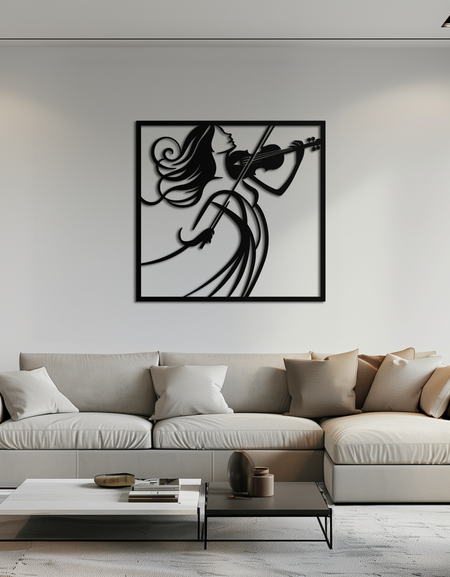 Kadın Kemancı Metal Duvar Sanatı – Müzik Severler İçin Modern Müzisyen Silüeti Dekoru- KAF391